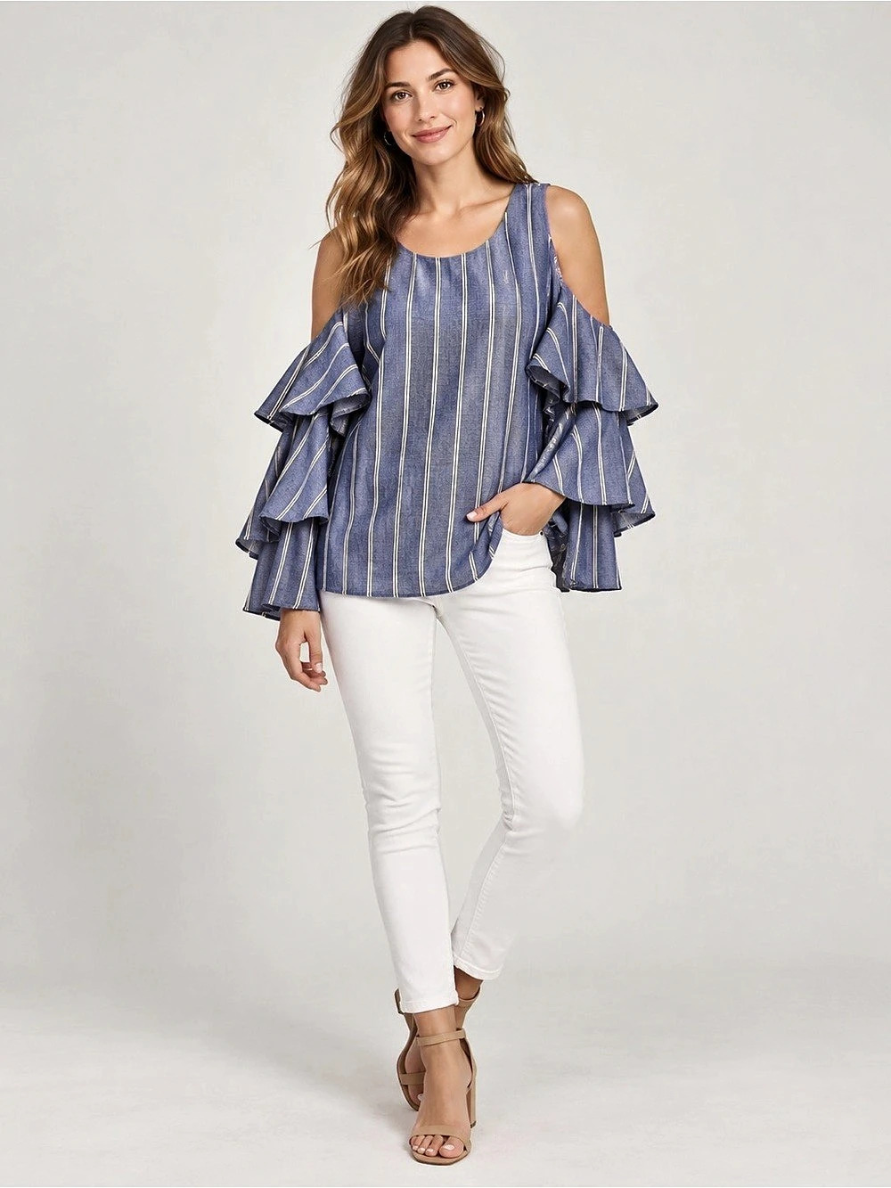 ELLIATT Striped Cold Shoulder Blouse in Blue & White Size Medium